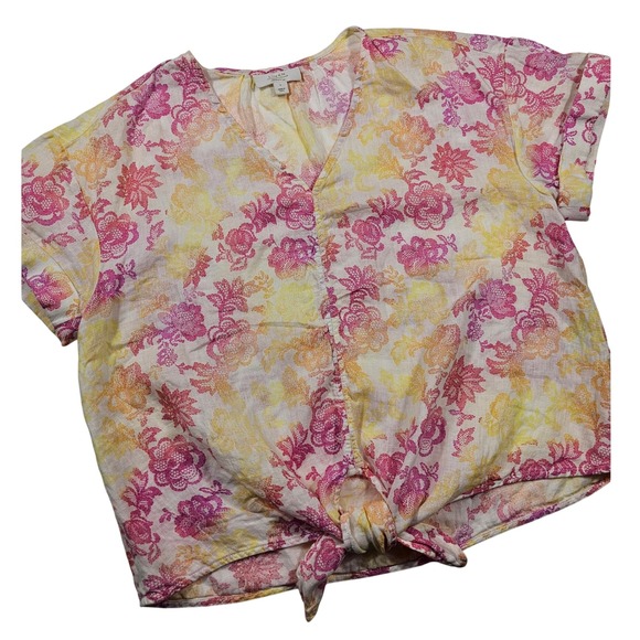 Charter Club Tops - Charter Club Luxury Womens Lg Linen Floral Tie Front V-Neck Blouse Pink Yellow